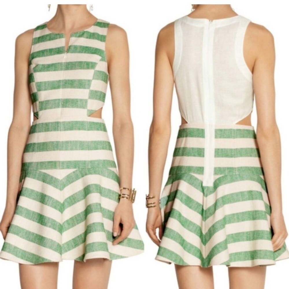 Tibi Green and White Striped Cutout Mini Dress